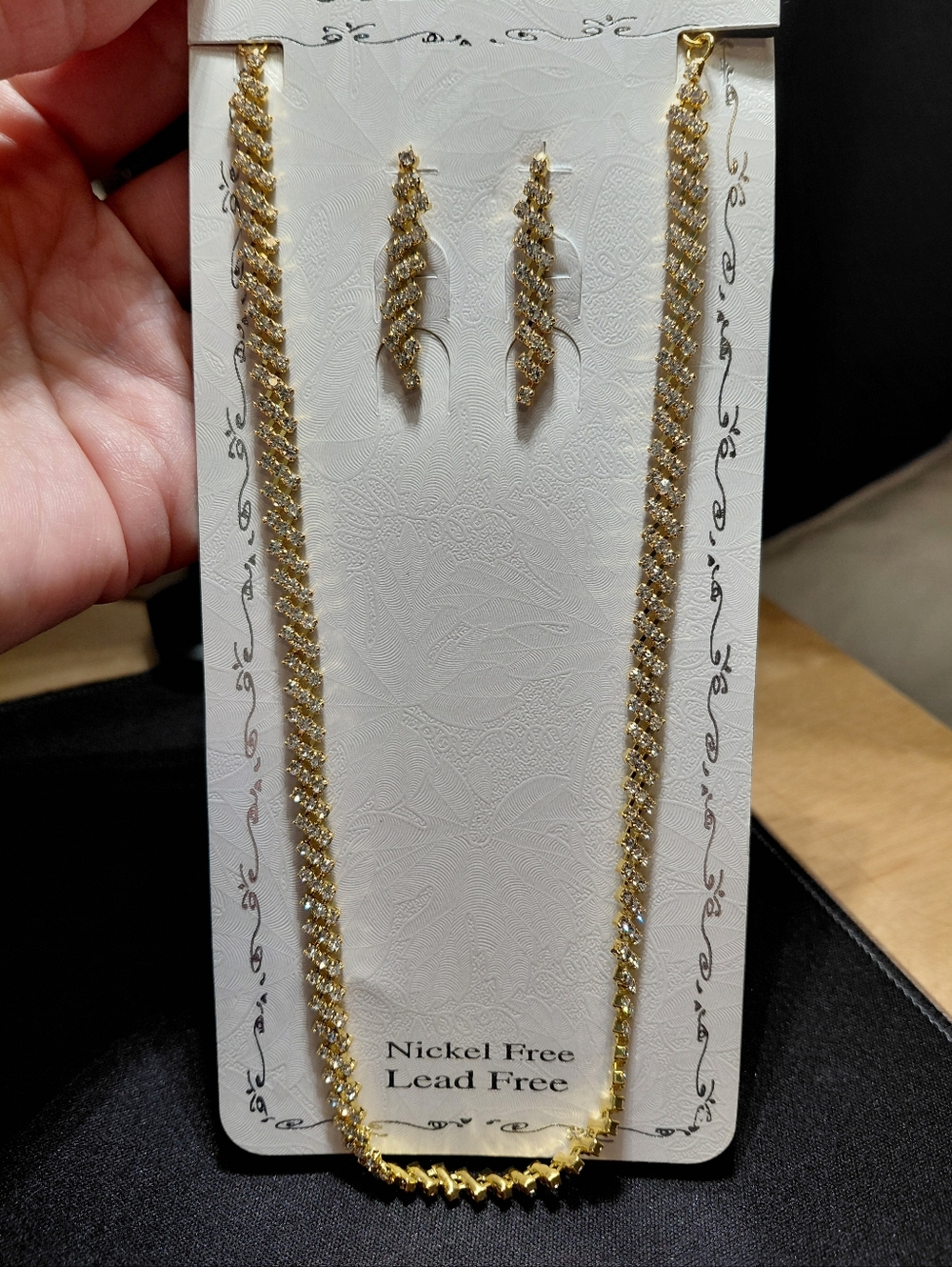 Vintage Style Gold CZ Rhinestone Twisted Necklace & Drop Earrings Bridal Set